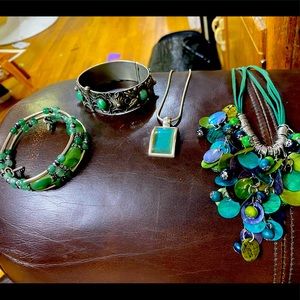 Green and silver tone jewlrey